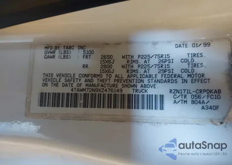 1999 Toyota Tacoma from USA, damaged, VIN 4TAWM72N9XZ476149